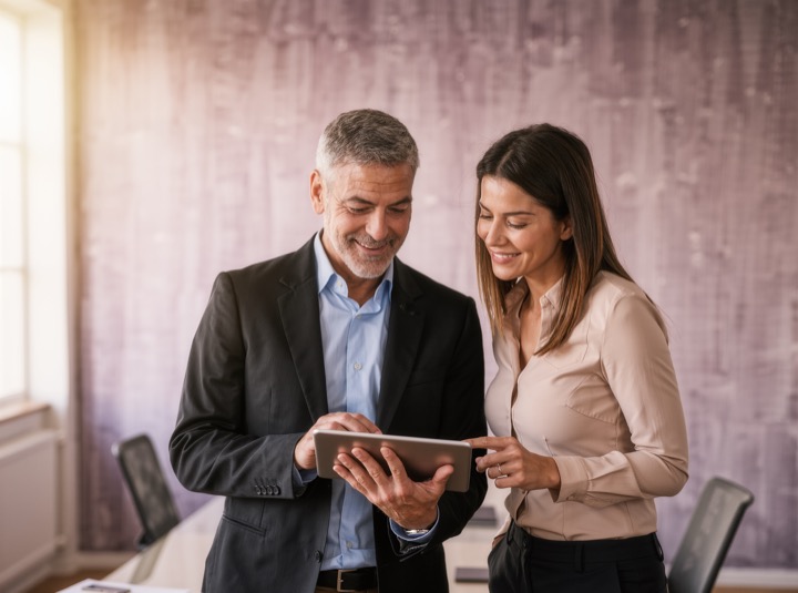 Managing director and colleague with a tablet (illustrative image)