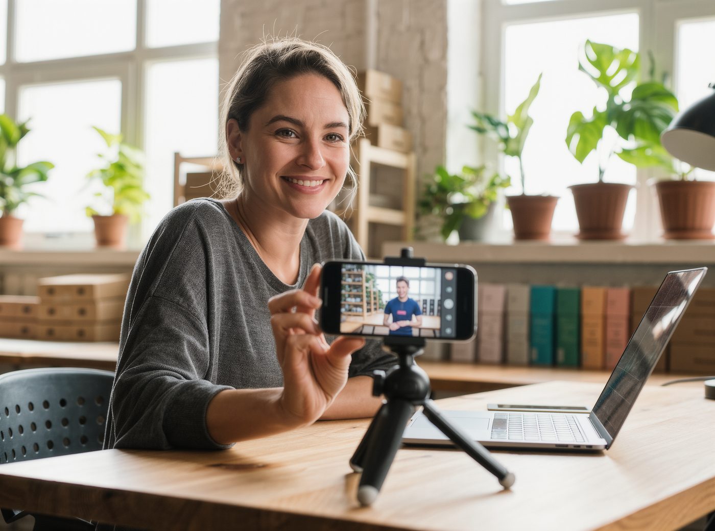 Kreative Unternehmerin lächelt im hellen Studio über ein Hochkant-Video auf ihrem Handy