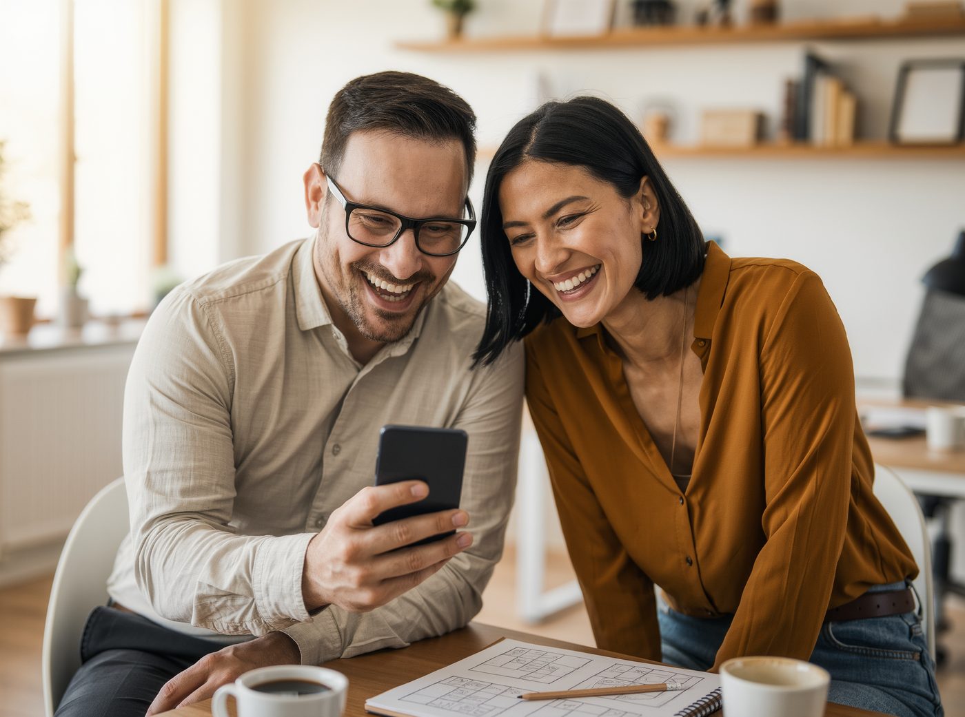 Zwei Kolleginnen lachen gemeinsam über ein lustiges Video auf dem Handy