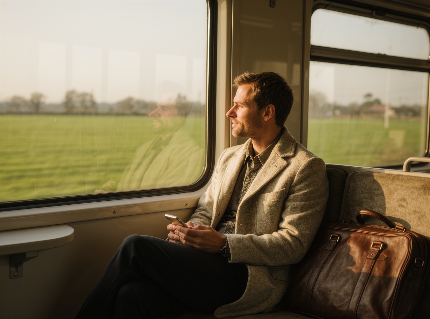 Mann im Zug schaut entspannt auf sein Smartphone