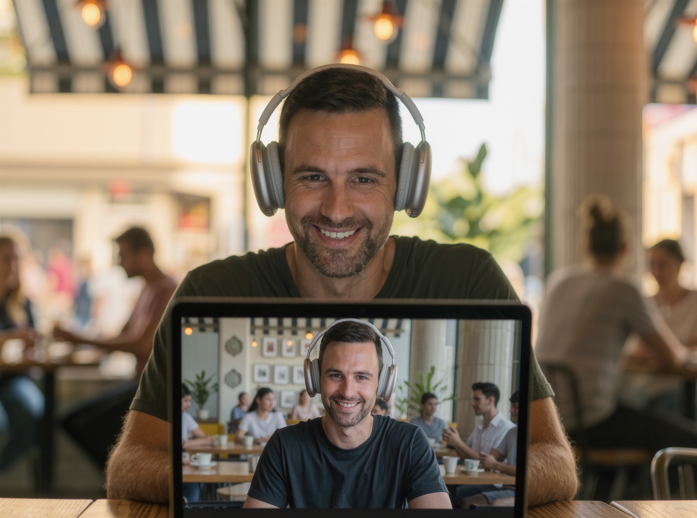 Mann mit Headset lächelt im Videocall, im Hintergrund ein volles Café