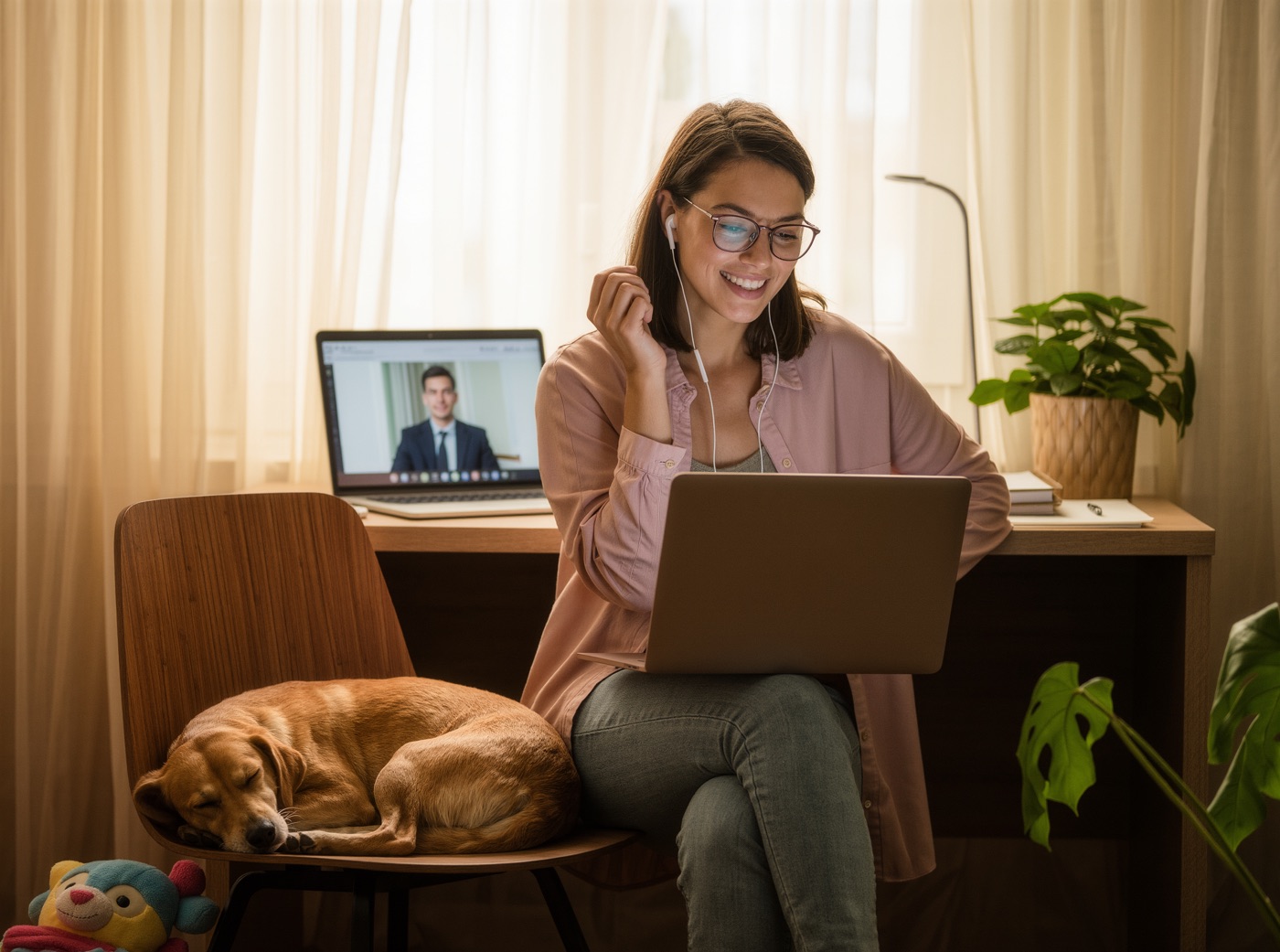 Frau im Homeoffice im Videocall, neben ihr schläft ein kleiner Hund