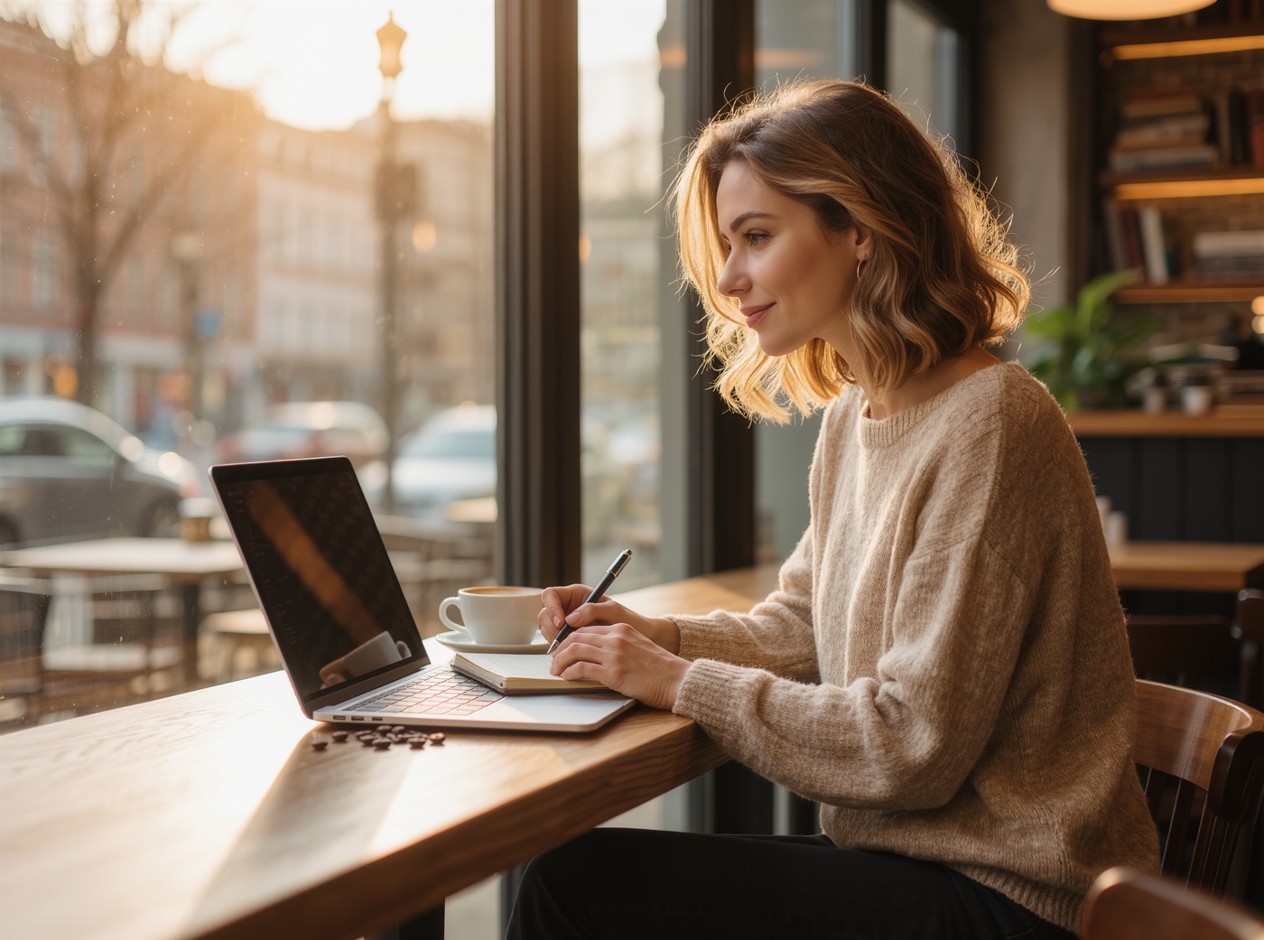 Junge Frau schreibt im Café am Fenster auf ihrem Laptop