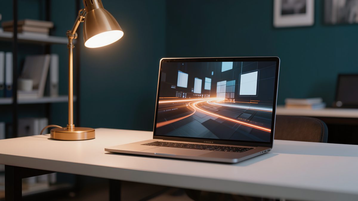 Laptop auf einem Schreibtisch, auf dem Bildschirm bewegt sich eine Lichtspur über Fenster und Formulare
