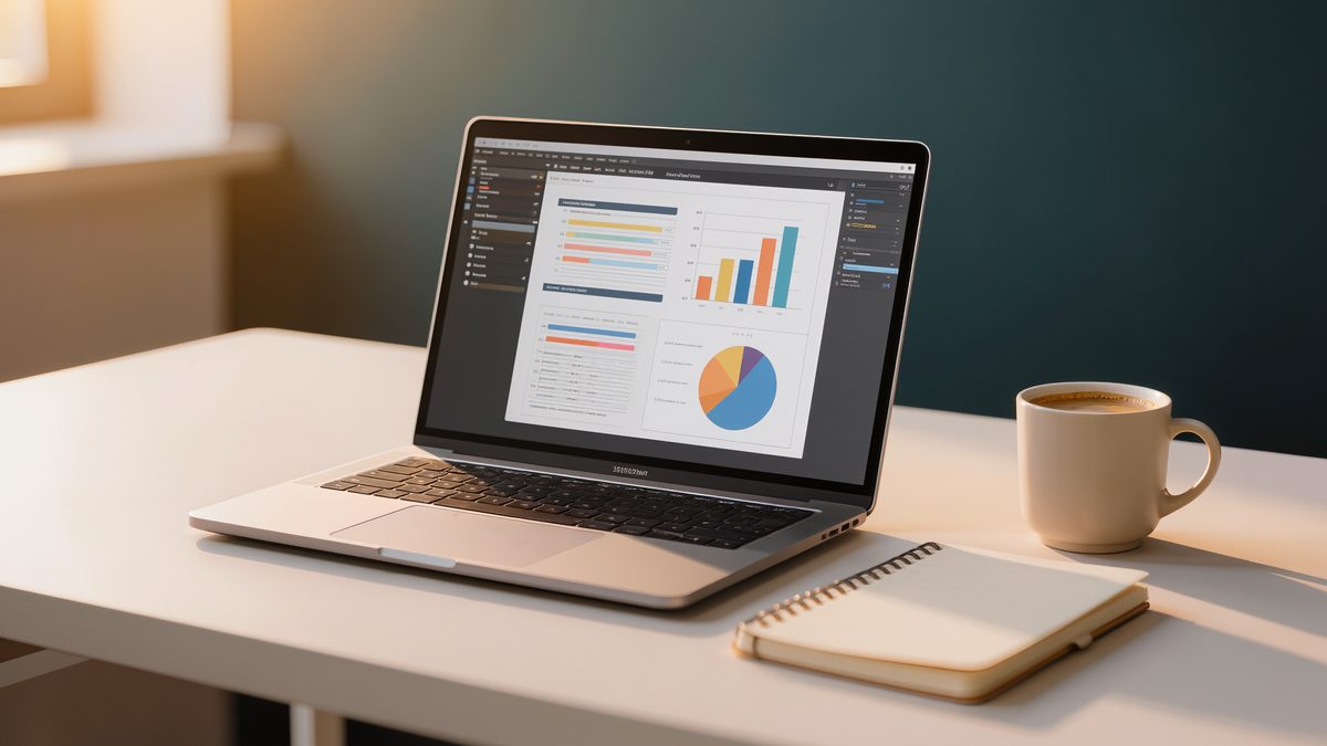 Laptop auf einem Schreibtisch mit unscharfer Präsentationsfolie und Tabelle, daneben Notizbuch und Kaffee