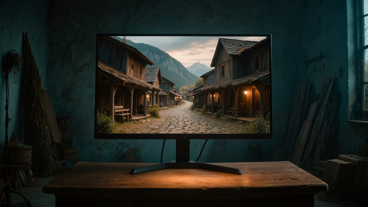 Bildschirm in einem dunklen Studio zeigt eine simulierte Dorfstraße, deren Licht in den Raum fällt