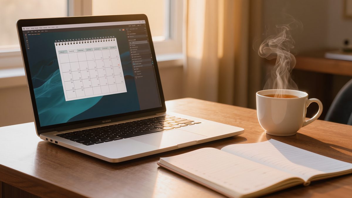 Laptop on a desk with a blurred inbox and weekly calendar, next to a paper planner and tea