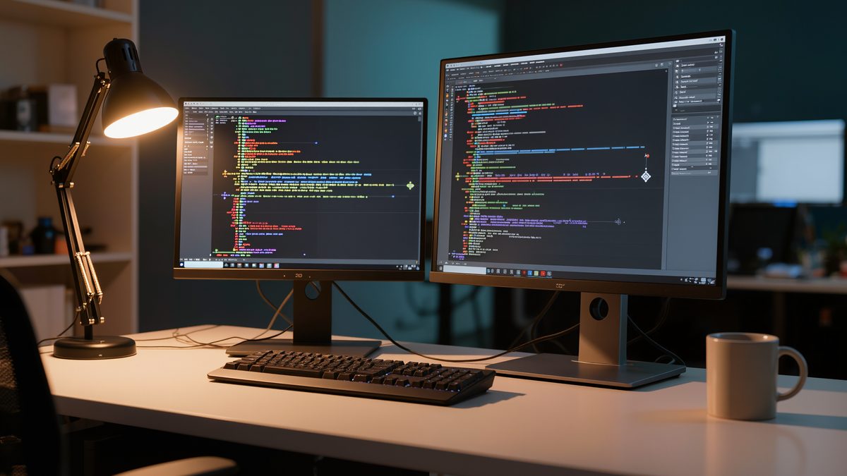Developer desk at dusk with two monitors full of blurred colored lines, a keyboard and a mug