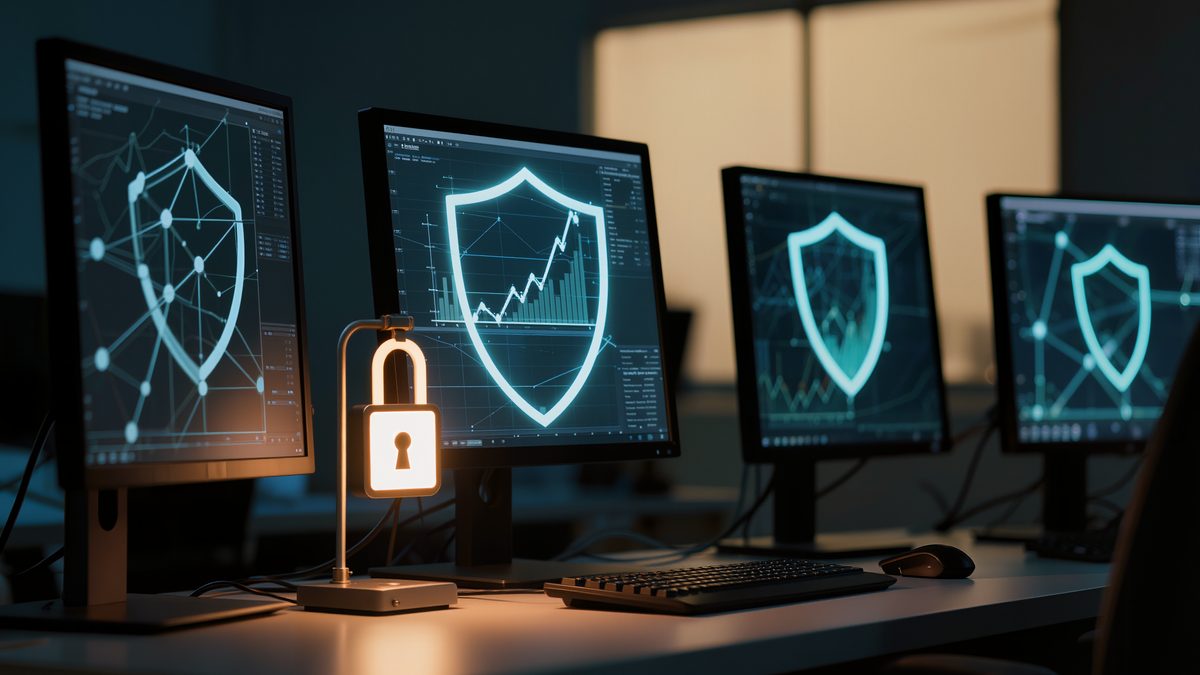 Quiet security operations room at night with blurred network graphs on several monitors