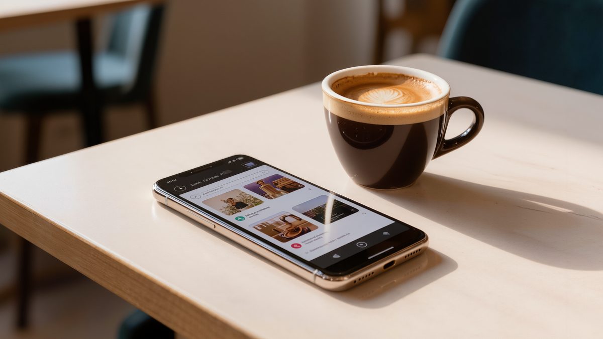 Smartphone on a café table next to an espresso, with a blurred search interface on screen