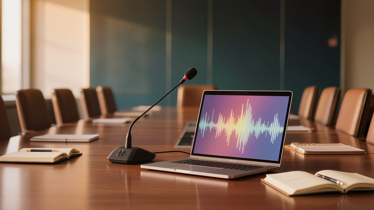 Meeting table after a meeting with a conference microphone, a laptop showing an audio waveform and notebooks