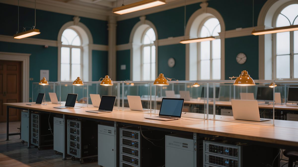 Testing lab in a historic building with laptops and servers on a long table in front of tall windows