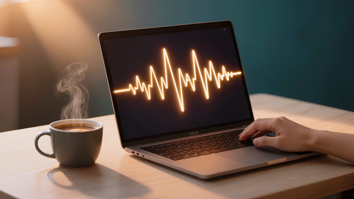 Laptop auf einem Schreibtisch mit leuchtender Audiowelle über der Tastatur, daneben eine Hand und Kaffee