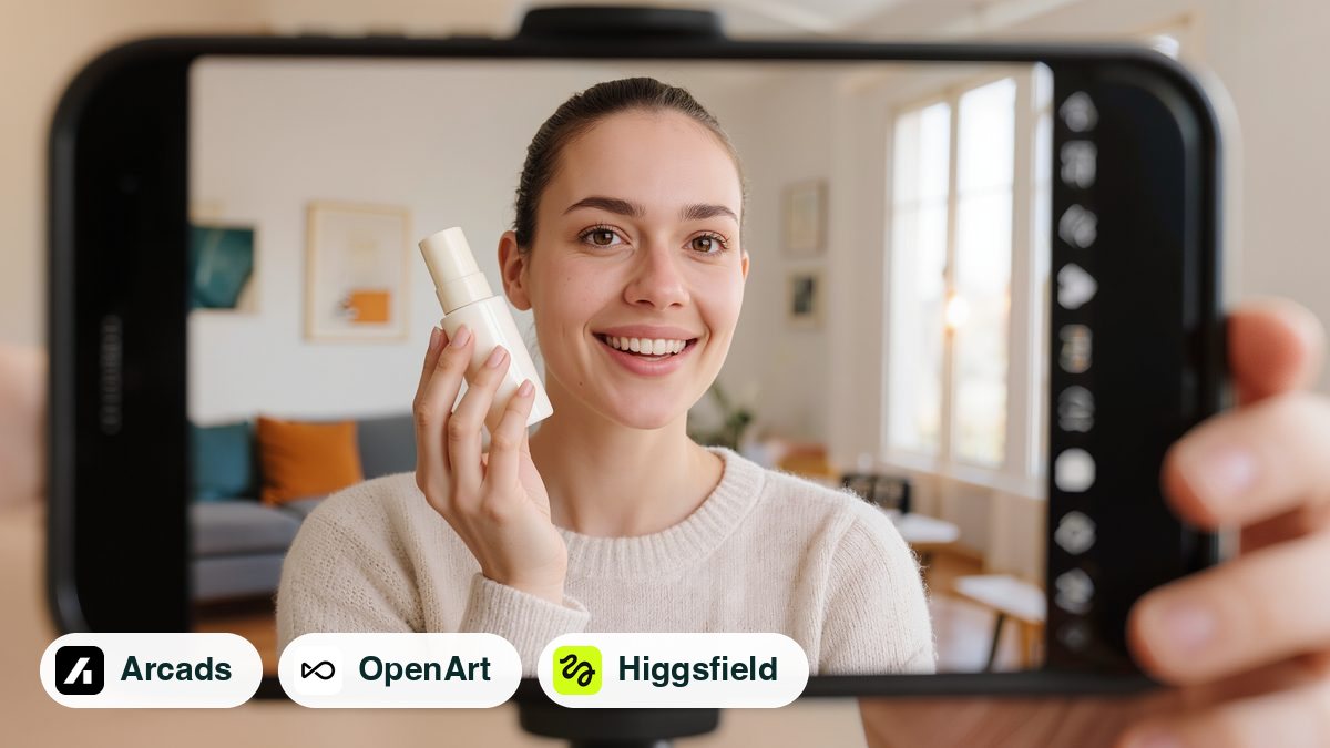 Szene aus einem UGC-Werbevideo: Frau filmt sich mit dem Smartphone und hält eine Pflegeflasche in die Kamera, darunter die Logos von Arcads, OpenArt und Higgsfield