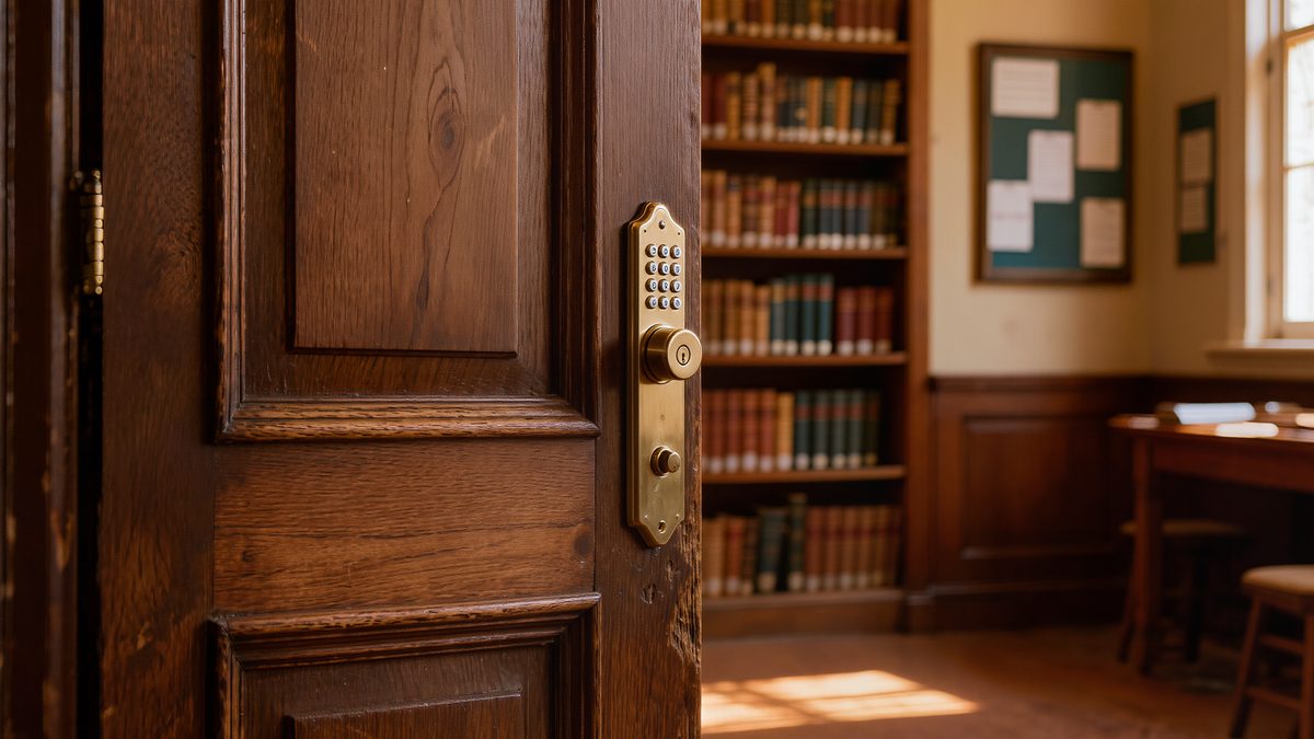 Alte Holztür einer Bibliothek mit modernem Zahlenschloss, einen Spalt offen, warmes Licht fällt auf Bücherregale
