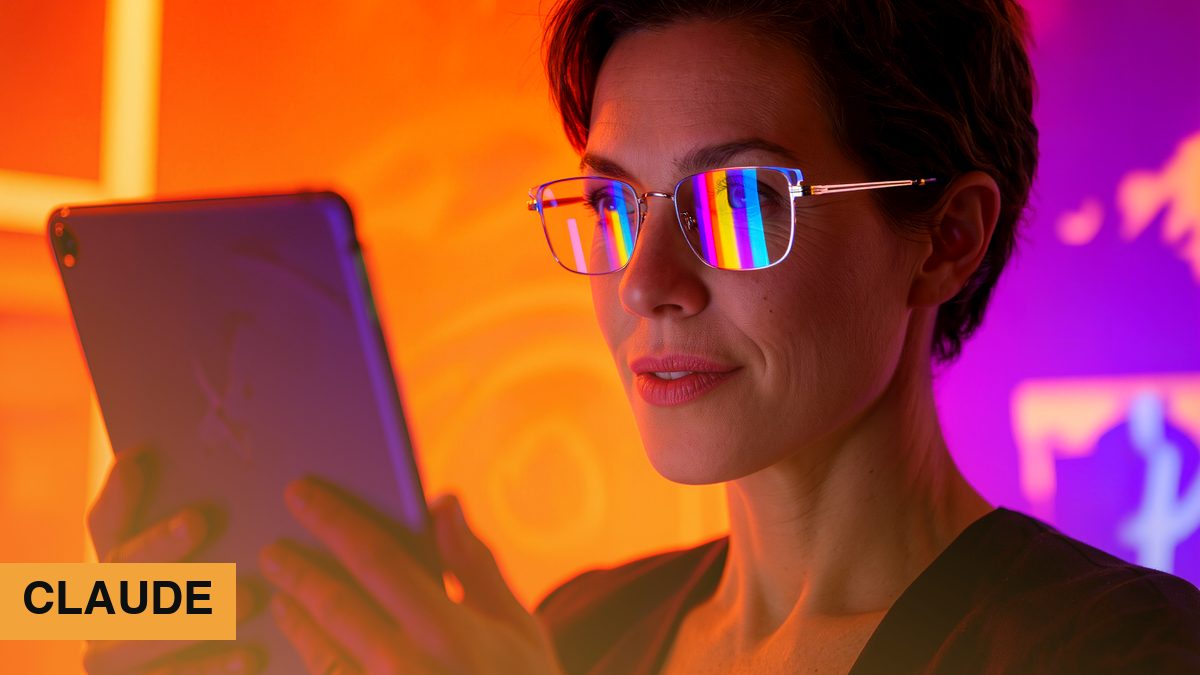 Fictional team lead looking at a glowing tablet, colored bars reflected in her glasses, orange and violet light (AI image)