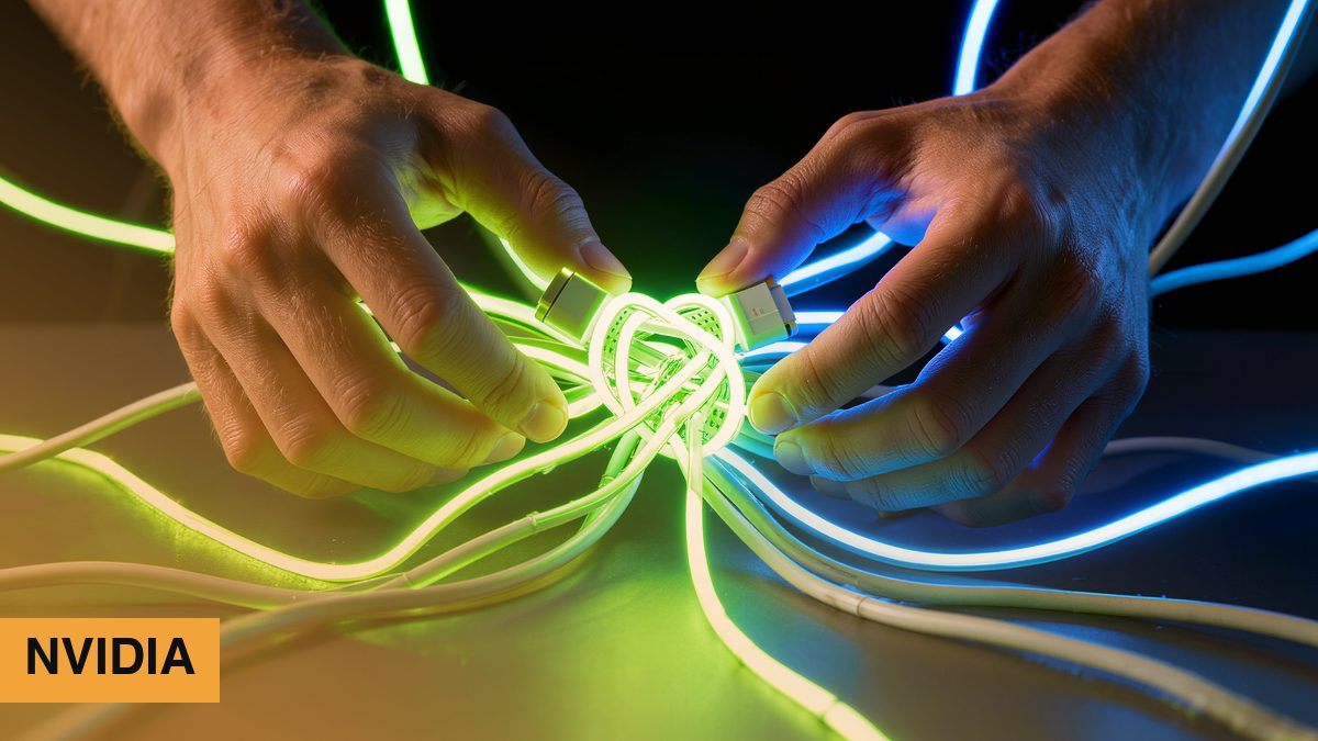 Erfundene Person hält leuchtende Kabel, die in einem hellen Knoten zusammenlaufen, grün-blaues Licht (KI-Bild)