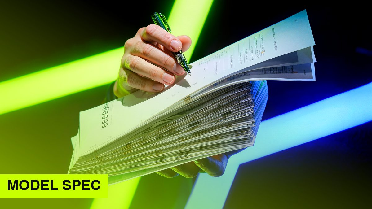 Hands of a fictional person holding a thick stack of rule pages and a pen in green and blue light (AI image)